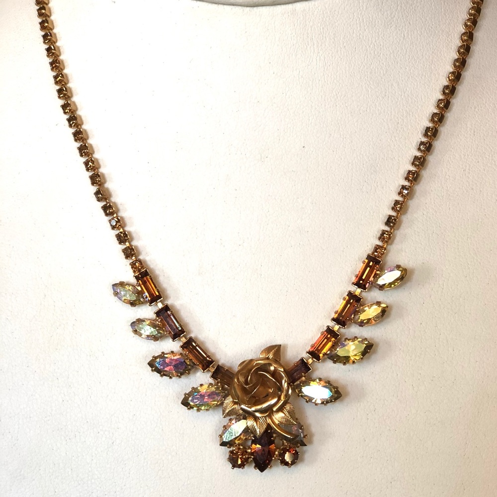 Vintage Juliana Brown Gold Yellow Rose Necklace